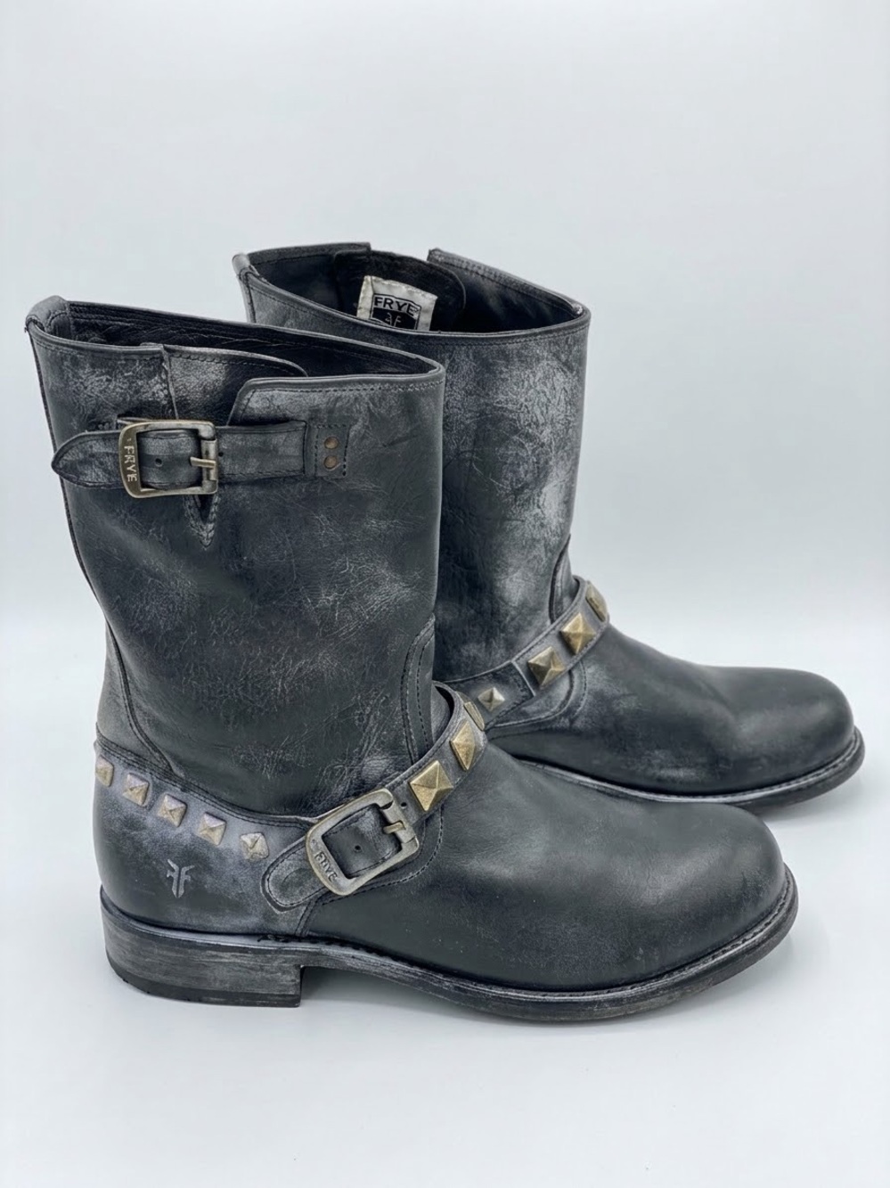 Frye Black Leather Studded Harness Cowboy Boots for Men